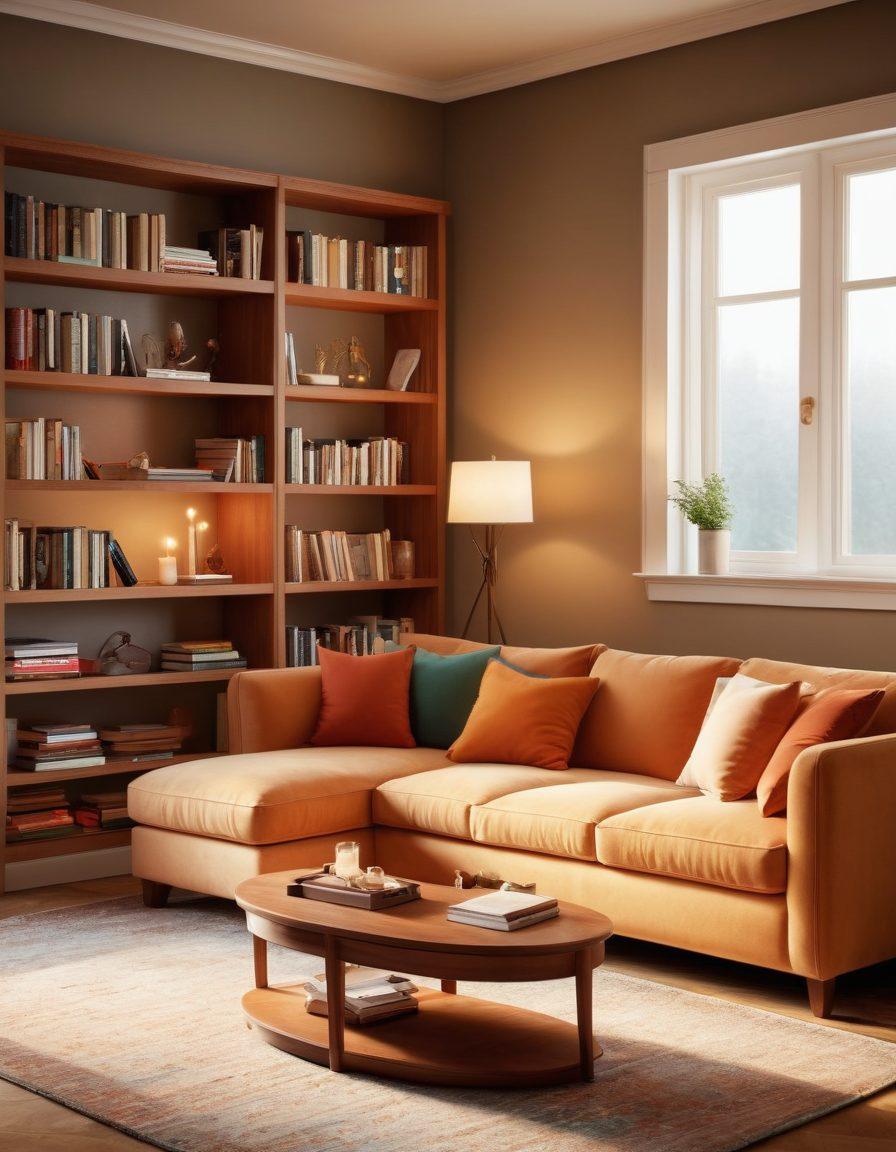 A serene counseling setting with a comfortable couch and soft lighting, depicting a couple engaging in deep conversation. Symbols of intimacy and connection, like intertwined hands or a heart motif, are subtly integrated in the background. Use calming colors to evoke emotions of trust and warmth. Include a bookshelf filled with psychology and relationship books to emphasize exploration and understanding. super-realistic. warm tones. soft focus.